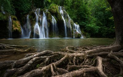 Cascade des Tufs, belle cascade, rivière Cuisance, Jura, cascade, forêt, arbres verts, cascades, Les Planches-pres-Arbois, France
