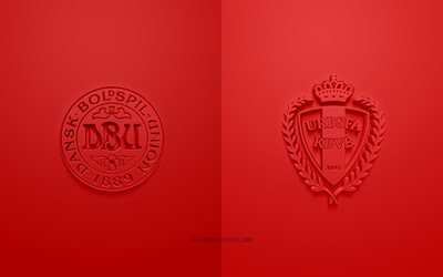 Danemark vs Belgique, UEFA Euro 2020, Groupe B, logos 3D, fond rouge, Euro 2020, match de football, équipe nationale de football du Danemark, équipe nationale de football de Belgique