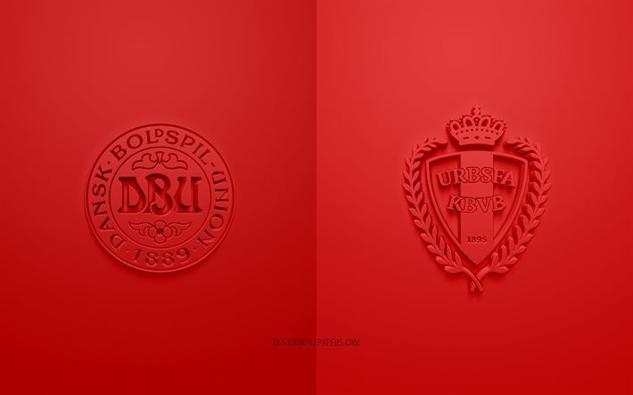 Danimarka - Bel&#231;ika, UEFA Euro 2020, Grup B, 3D logolar, kırmızı arka plan, Euro 2020, futbol ma&#231;ı, Danimarka milli futbol takımı, Bel&#231;ika milli futbol takımı