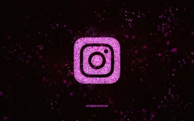 Instagram parıltı logosu, siyah arka plan, Instagram logosu, mor parıltılı sanat, Instagram, yaratıcı sanat, Instagram mor parıltı logosu