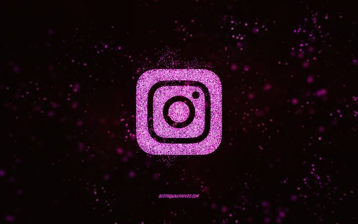 Instagram glitter logotyp, svart bakgrund, Instagram logotyp, lila glitter konst, Instagram, kreativ konst, Instagram lila glitter logotyp