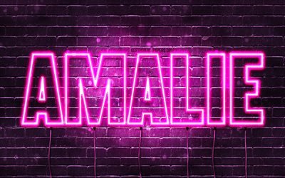 Amalie, 4k, wallpapers with names, female names, Amalie name, purple neon lights, Happy Birthday Amalie, popular norwegian female names, picture with Amalie name