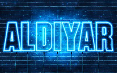 Aldiyar, 4k, wallpapers with names, Aldiyar name, blue neon lights, Happy Birthday Aldiyar, popular kazakh male names, picture with Aldiyar name