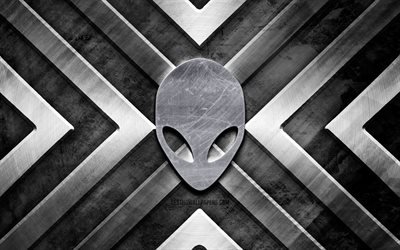 Alienware metal logo, 4K, gray metal background, brands, metal arrows, Alienware logo, creative, Alienware
