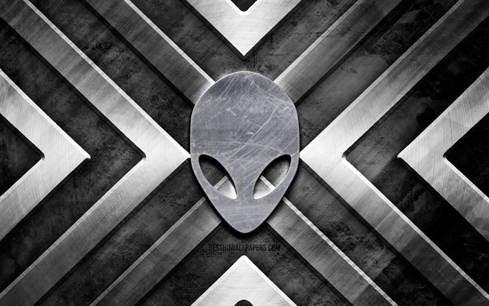 Alienwareメタルロゴ, 4K, 灰色の金属の背景, ブランド, 金属の矢, Alienwareのロゴ, creative クリエイティブ, エイリアンウェア