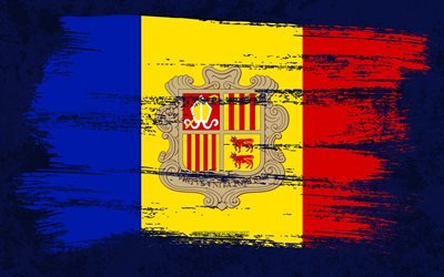 4k, Flag of Andorra, grunge flags, European countries, national symbols, brush stroke, Andorran flag, grunge art, Andorra flag, Europe, Andorra