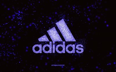 adidas glitzer-logo, schwarzer hintergrund, adidas-logo, blaue glitzer-kunst, adidas, kreative kunst, adidas blaues glitzer-logo