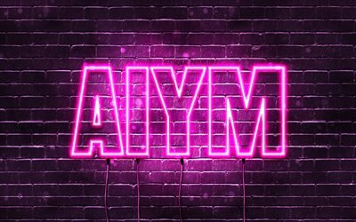 Aiym, 4k, wallpapers with names, female names, Aiym name, purple neon lights, Happy Birthday Aiym, popular kazakh female names, picture with Aiym name