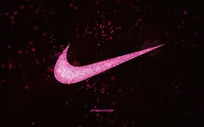 Logotipo com glitter da Nike, fundo preto, logotipo da Nike, arte com glitter rosa, Nvidia, arte criativa, logotipo com glitter rosa da Nike