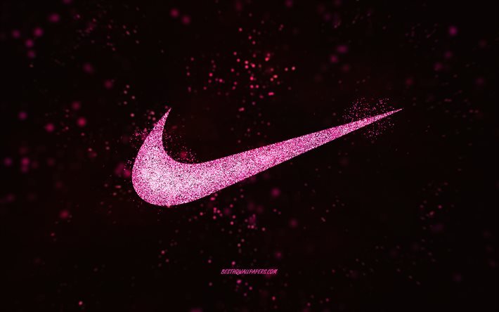 Nike kimallus logo, musta tausta, Nike logo, vaaleanpunainen kimallustaide, Nvidia, luovaa taidetta, Nike vaaleanpunainen kimallus logo