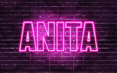 Anita, 4k, fonds d&#39;&#233;cran avec noms, noms f&#233;minins, nom Anita, n&#233;ons violets, joyeux anniversaire Anita, noms f&#233;minins islandais populaires, photo avec le nom Anita