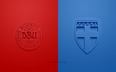 Danemark vs Finlande, UEFA Euro 2020, Groupe B, logos 3D, fond bleu rouge, Euro 2020, match de football, équipe nationale de football du Danemark, équipe nationale de football de Finlande