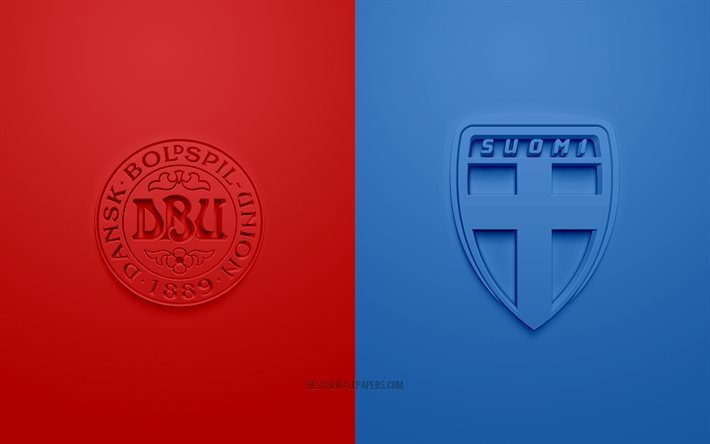 Danimarca vs Finlandia, UEFA Euro 2020, Gruppo B, loghi 3D, sfondo rosso blu, Euro 2020, partita di calcio, squadra nazionale di calcio della Danimarca, squadra nazionale di calcio della Finlandia