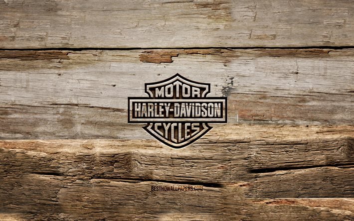 Harley-Davidson wooden logo, 4K, wooden backgrounds, brands, Harley-Davidson logo, creative, wood carving, Harley-Davidson