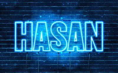 Hasan, 4k, fonds d&#39;&#233;cran avec des noms, nom Hasan, n&#233;ons bleus, joyeux anniversaire Hasan, noms masculins turcs populaires, photo avec nom Hasan