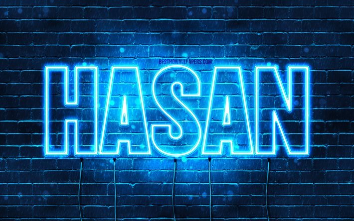 Hasan, 4k, pap&#233;is de parede com nomes, nome Hasan, luzes de n&#233;on azuis, Happy Birthday Hasan, nomes masculinos turcos populares, imagem com o nome Hasan