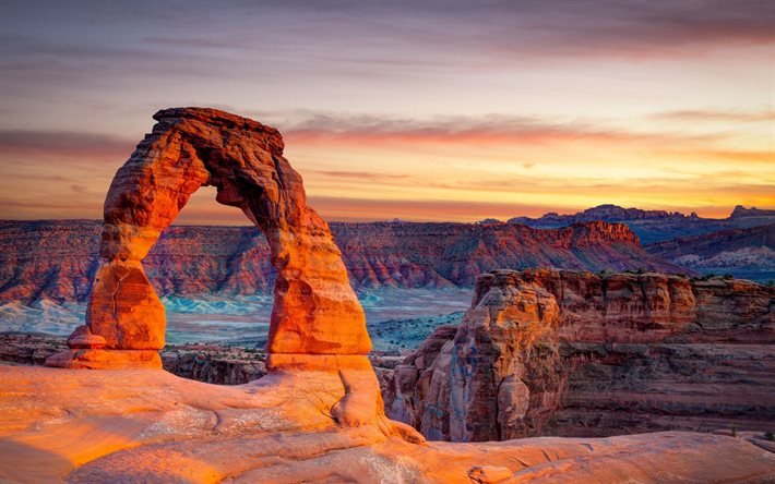 red rocks, canyon, sunset, sandstone arches, evening, rocks, Arches National Park, Grand County, Utah, USA