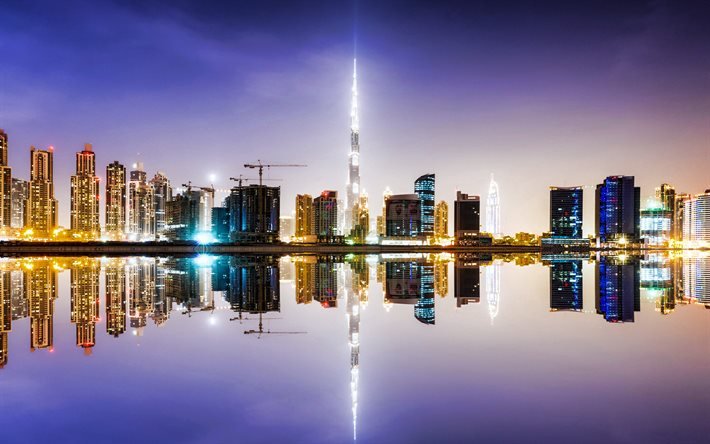 Dubai, night, skyscrapers, Burj Khalifa, Dubai cityscape, Dubai skyline, UAE