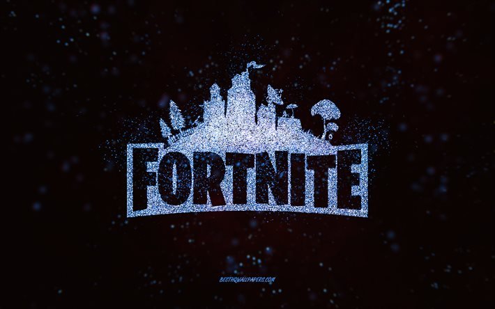 Logo glitter Fortnite, sfondo nero, logo Fortnite, arte glitter blu, Fortnite, arte creativa, logo glitter blu Fortnite