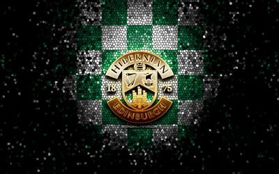 Hibernian FC, logotipo brilhante, Campeonato Escoc&#234;s, fundo xadrez branco verde, futebol, clube de futebol escoc&#234;s, logotipo do Hibernian, arte em mosaico, FC Hibernian