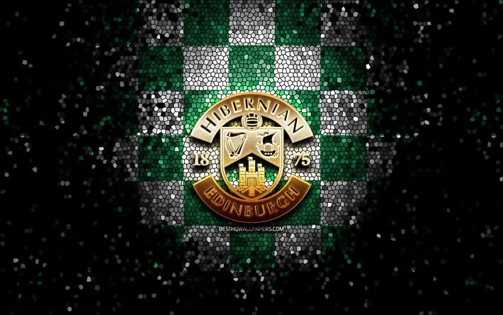 Hibernian FC, glitterlogotyp, skotsk premierskap, gr&#246;n vit rutig bakgrund, fotboll, skotsk fotbollsklubb, Hibernian-logotyp, mosaikkonst, FC Hibernian