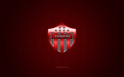 Atl&#233;tico Junior, clube de futebol colombiano, logotipo vermelho, fundo vermelho de fibra de carbono, Categoria Primera A, futebol, Barranquilla, Col&#244;mbia, Atletico Junior logo