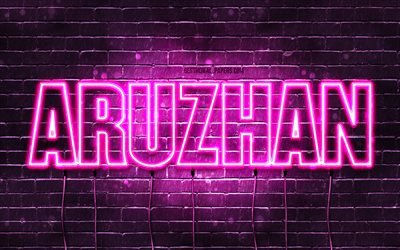 Aruzhan, 4k, bakgrundsbilder med namn, kvinnliga namn, Aruzhan namn, lila neonljus, Grattis p&#229; f&#246;delsedagen Aruzhan, popul&#228;ra kazakiska kvinnliga namn, bild med Aruzhan namn