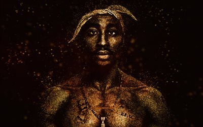 2Pac, gold glitter art, Tupac Shakur, black background, American rapper, 2Pac art, Makaveli, Lesane Parish Crooks