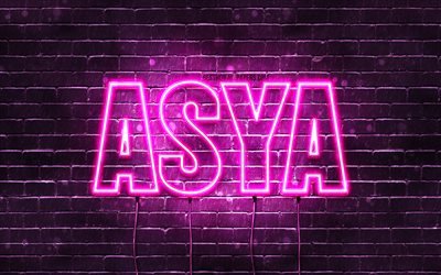 Asya, 4k, bakgrundsbilder med namn, kvinnliga namn, Asya-namn, lila neonljus, Grattis p&#229; f&#246;delsedagen Asya, popul&#228;ra turkiska kvinnliga namn, bild med Asya-namn