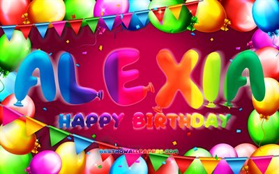 Joyeux anniversaire Alexia, 4k, cadre ballon color&#233;, nom Alexia, fond violet, Alexia joyeux anniversaire, Alexia anniversaire, noms f&#233;minins am&#233;ricains populaires, concept d&#39;anniversaire, Alexia