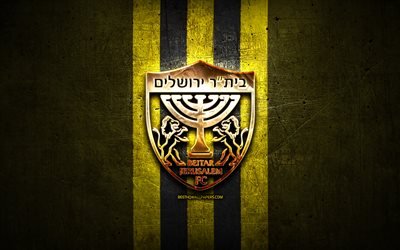 Beitar Jerusalem FC, logo dor&#233;, Ligat ha Al, fond m&#233;tal jaune, football, club de football isra&#233;lien, logo Beitar Jerusalem, Beitar Jerusalem