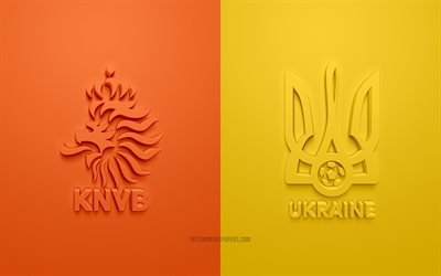 Alankomaat vs Ukraina, UEFA Euro 2020, Lohko С, 3D-logot, oranssinkeltainen tausta, Euro 2020, jalkapallo-ottelu, Alankomaiden jalkapallomaajoukkue, Ukrainan jalkapallomaajoukkue