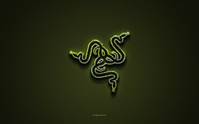 Razer logo, floral green logo, Razer emblem, green carbon fiber texture, Razer creative art, Razer
