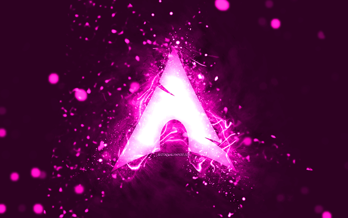 archlinuxの紫色のロゴ, 4k, 紫色のネオンライト, クリエイティブ, 紫の抽象的な背景, archlinuxロゴ, linux, arch linux