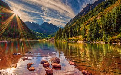 Alps, sunset, beautiful nature, lake, mountains, forest, Europe