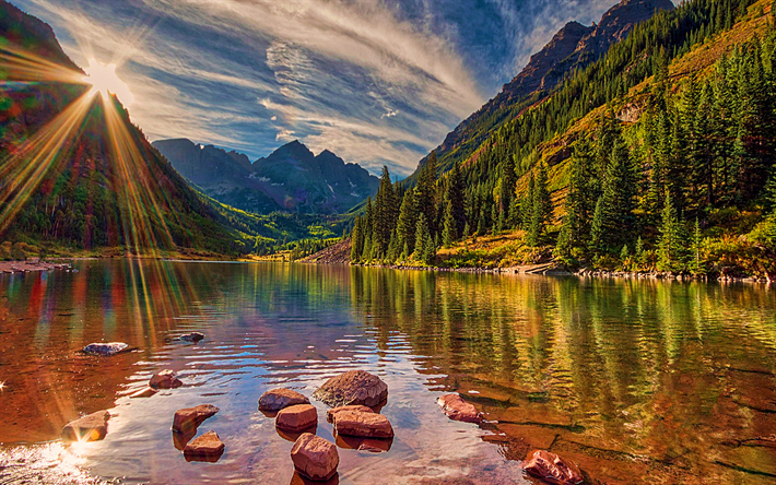 Alps, sunset, beautiful nature, lake, mountains, forest, Europe