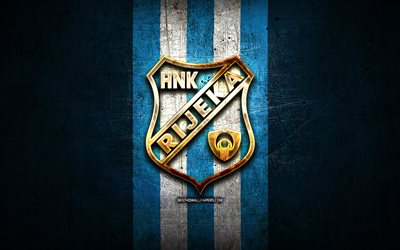 rijeka fc, logo dorato, hnl, sfondo in metallo blu, calcio, squadra di calcio croata, logo hnk rijeka, hnk rijeka