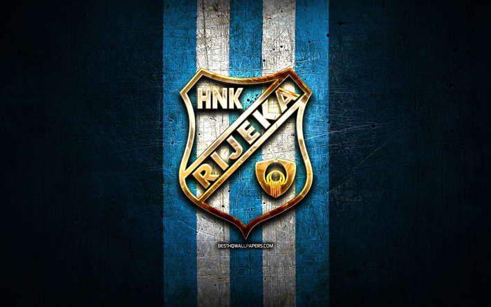 rijeka fc, logotipo dorado, hnl, fondo de metal azul, f&#250;tbol, ​​club de f&#250;tbol croata, logotipo de hnk rijeka, ​​hnk rijeka