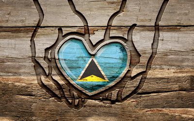 I love Saint Lucia, 4K, wooden carving hands, Day of Saint Lucia, Flag of Saint Lucia, Take care Saint Lucia, creative, Saint Lucia flag, Saint Lucia flag in hand, wood carving, North American countries, Saint Lucia