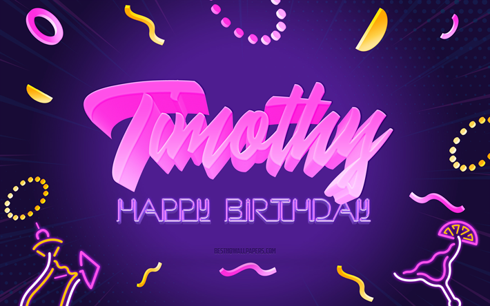 joyeux anniversaire timothy, 4k, purple party background, timothy, art cr&#233;atif, timothy nom, timothy anniversaire, f&#234;te d anniversaire fond