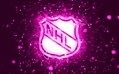 nhl violetti logo, 4k, purppura neon valot, national hockey league, violetti abstrakti tausta, nhl logo, automerkit, nhl