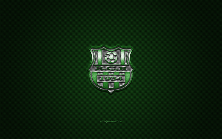 RC Relizane, Algerian football club, white logo, green carbon fiber background, Ligue Professionnelle 1, football, Relizane, Algeria, RC Relizane logo