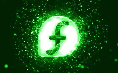 Fedora green logo, 4k, green neon lights, creative, green abstract background, Fedora logo, Linux, Fedora