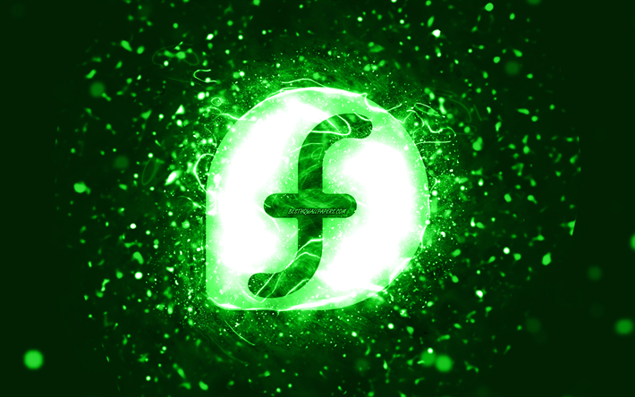 fedora yeşil logo, 4k, yeşil neon ışıkları, yaratıcı, yeşil soyut arka plan, fedora logo, linux, fedora