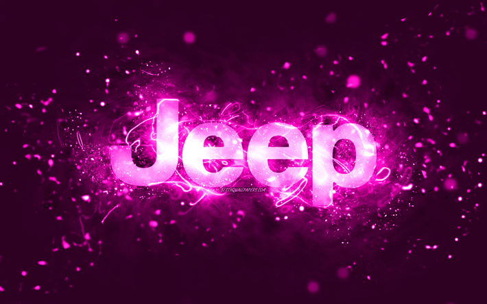 logo jeep viola, 4k, luci al neon viola, creativo, sfondo astratto viola, logo jeep, marchi di automobili, jeep