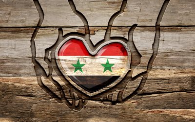 amo la siria, 4k, mani intagliate in legno, giorno della siria, bandiera siriana, bandiera della siria, prenditi cura della siria, creativo, bandiera della siria in mano, intaglio del legno, paesi asiatici, siria