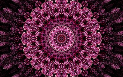 flor abstracta púrpura, 4k, fractales, fondos abstractos, arte 3d, arte fractal, creativo, circulación, fondo floral abstracto, círculos