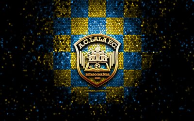 AC Lala FC, glitter logo, La Liga FutVe, yellow blue checkered background, soccer, Venezuelan football club, AC Lala FC logo, mosaic art, football, AC Lala, Venezuelan Primera Division, Lala FC
