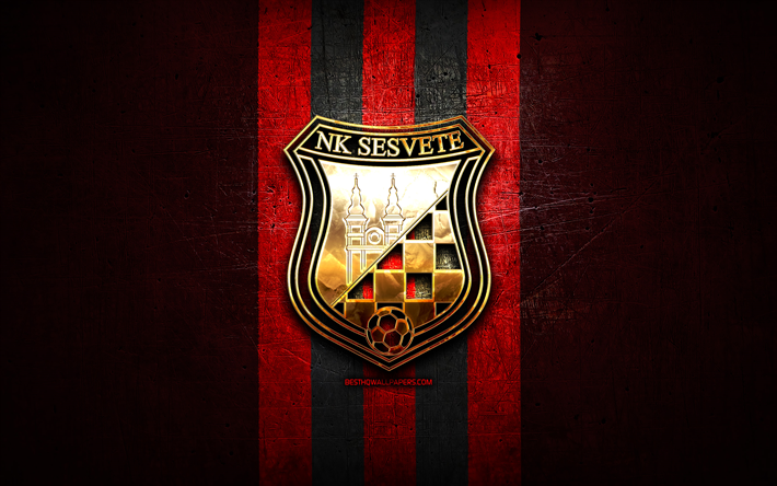 セスヴェテfc, 金色のロゴ, hnl, 赤い金属の背景, フットボール, クロアチアのサッカークラブ, nkセスヴェテのロゴ, サッカー, nkセスヴェテ