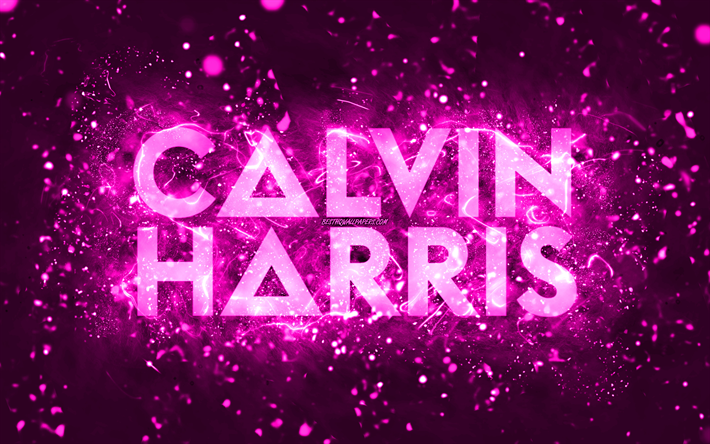 カルヴィン・ハリスの紫色のロゴ, 4k, スコットランドのdj, 紫色のネオンライト, クリエイティブ, 紫の抽象的な背景, アダムリチャードワイルズ, カルヴィン・ハリスのロゴ, 音楽スター, カルヴィン・ハリス